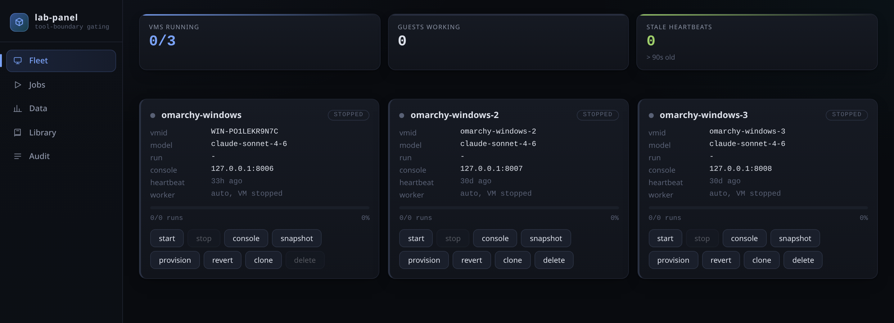 Panel with three Windows virtual machines: state, model and control buttons for each.