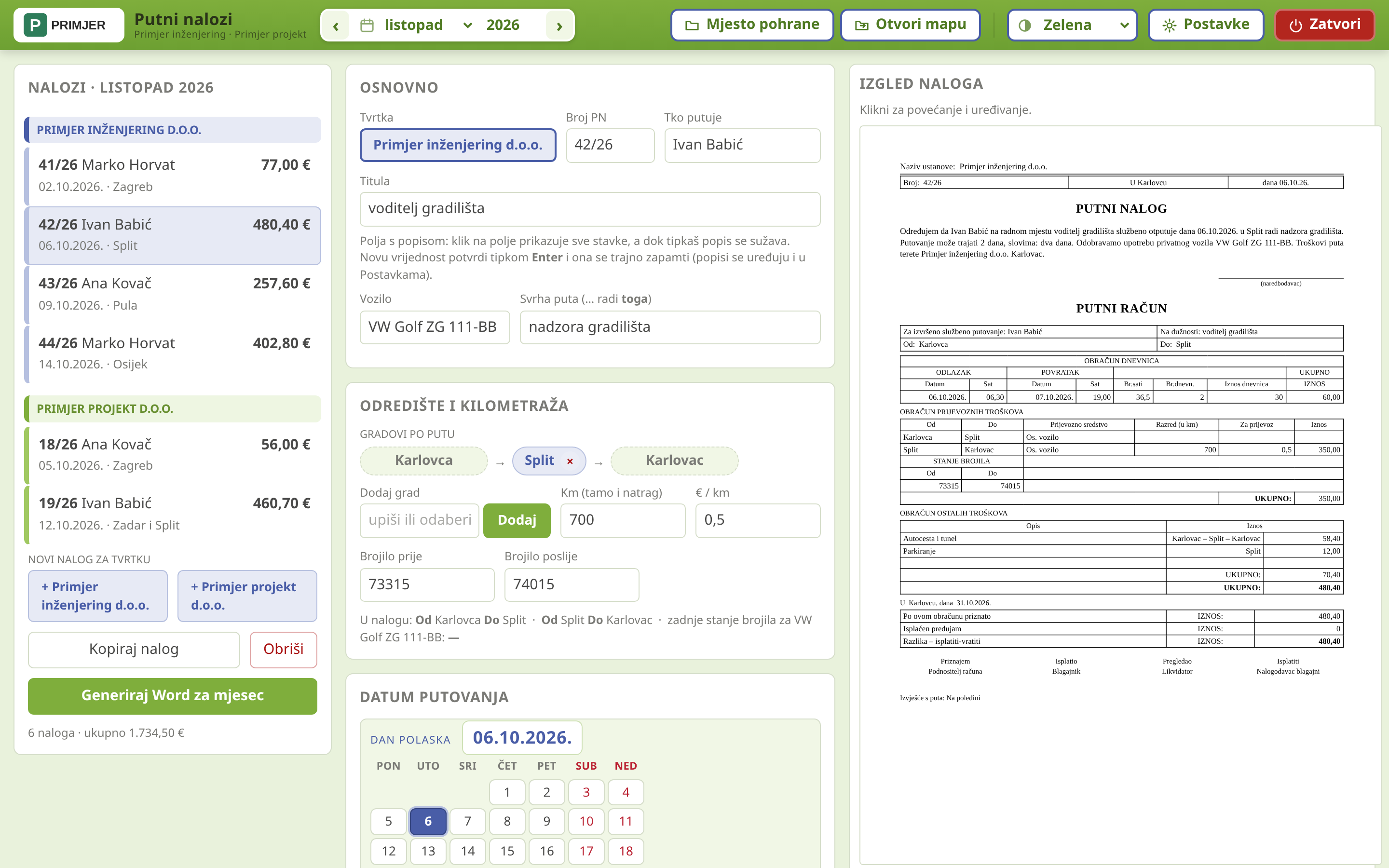 The travel order editor with fields on the left and the document on the right.